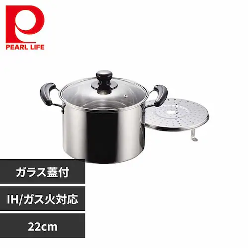 パール金属 両手鍋 22cm キャセロール 深型 IH ガス火対応 ステンレス ガラス蓋付 NEWだんらん H-5872 【プラザセレクト】_0
