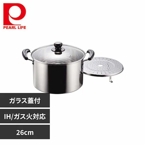 パール金属 両手鍋 26cm キャセロール 深型 IH ガス火対応 ステンレス ガラス蓋付 NEWだんらん H-5873 【プラザセレクト】_0