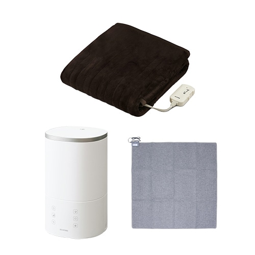 【冬物セット】電気毛布 掛け敷き 130×188p ダークブラウン / 加湿器 ハイブリット式 3.8L ホワイト / ホットカーペット 2畳 176×176p