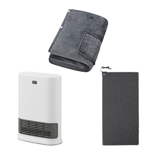 大風量セラミックファンヒーター Wセンサー ホワイト / ホットカーペット 1畳 90×180cm / USB電気毛布 160×80cm グレー