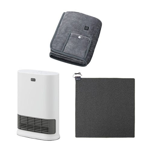 大風量セラミックファンヒーター Wセンサー ホワイト / ホットカーペット 2畳 176×176cm / USB電気毛布 90×60cm グレー