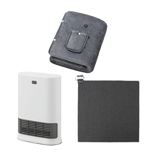 大風量セラミックファンヒーター Wセンサー ホワイト / ホットカーペット 2畳 176×176cm / USB電気毛布 130×80cm グレー