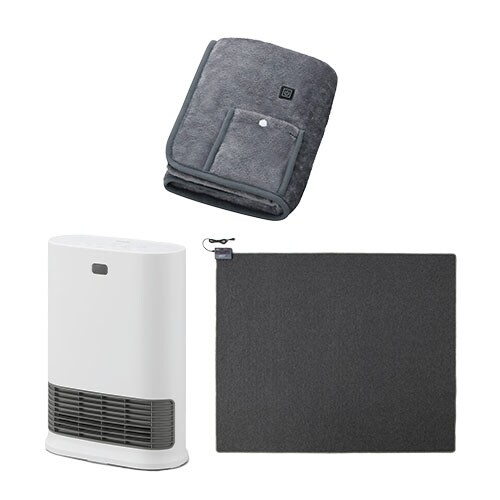 大風量セラミックファンヒーター Wセンサー ホワイト / ホットカーペット 3畳 195×235cm / USB電気毛布 90×60cm グレー