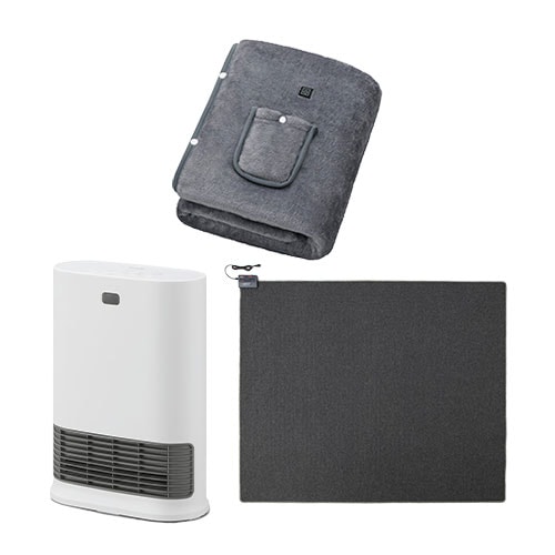 大風量セラミックファンヒーター Wセンサー ホワイト / ホットカーペット 3畳 195×235cm / USB電気毛布 130×80cm グレー