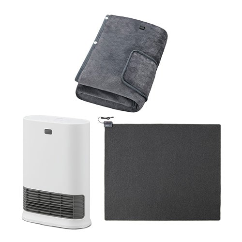大風量セラミックファンヒーター Wセンサー ホワイト / ホットカーペット 3畳 195×235cm / USB電気毛布 160×80cm グレー