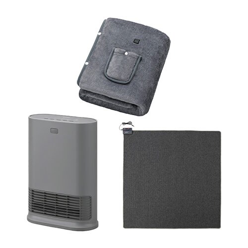 大風量セラミックファンヒーター Wセンサー グレー / ホットカーペット 2畳 176×176cm / USB電気毛布 130×80cm グレー