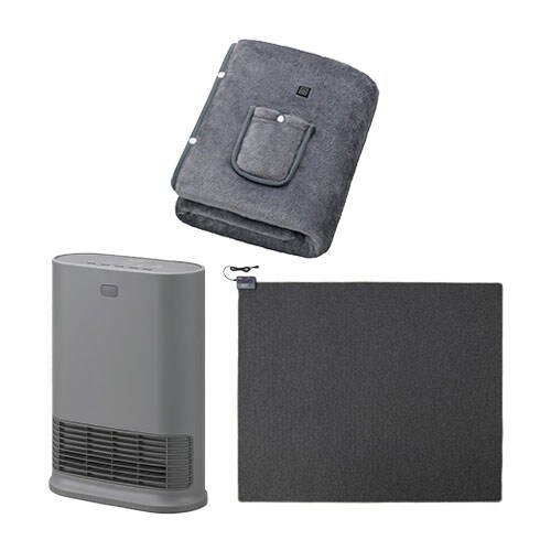 大風量セラミックファンヒーター Wセンサー グレー / ホットカーペット 3畳 195×235cm / USB電気毛布 130×80cm グレー