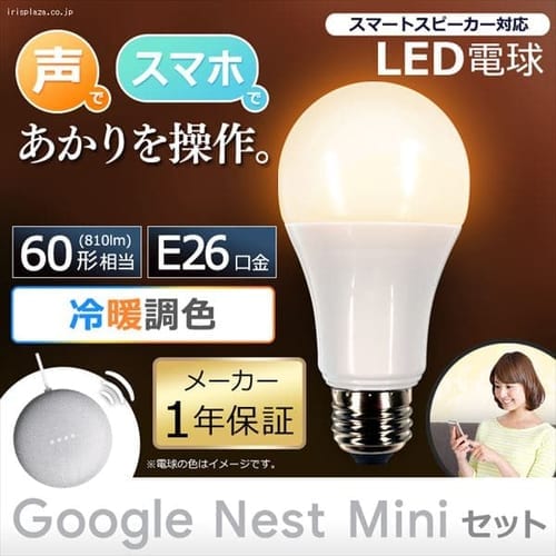 LED電球 E26 広配光 60形相当 冷暖調色 AIスピーカー LDA9D/L-G/D-86AITG+Google Nest Mini