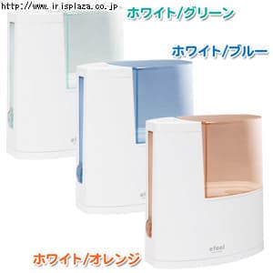 【クリックで詳細表示】【efeel(エフィール)】加熱式加湿器SHM-250Tホワイト/グリーン・ホワイト/ブルー・ホワイト/オレンジ    どんな場所にもなじむラウンド型で、デスクやリビングテーブル上にスッキリ置けるスリムデザインの加熱式加湿器です。スリムなデザインなのに、1.5Lと大容量でかつ加湿量は250ml/hと4～7畳の部屋の加湿も可能です。カラーは3色展開で、設置場所をとらないので2台3台とおすすめです。加湿スピードが速く、加熱時に殺菌できるのでお部屋を清潔に保ちます。アロマトレー付で、アロマオイルを入れ