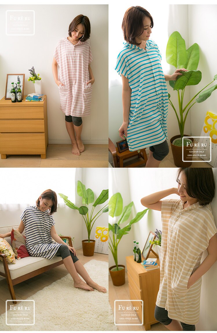 コットンパイル・ワンピースローブ ボーダー大人婦人用