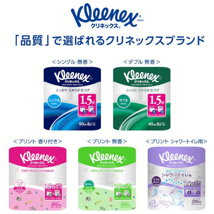 クリネックス 1.5倍長持ち トイレットペーパー シャワー用 無香料 35m ダブル 8ロール
