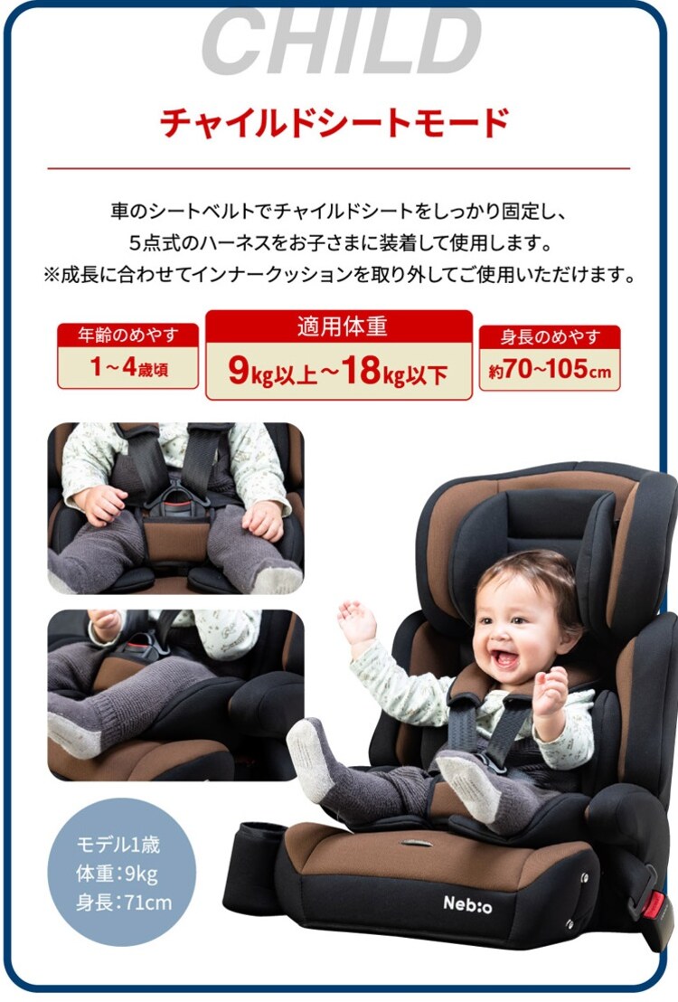 チャイルドジュニアシートNebio1歳～11歳洗える取付簡単軽量3WAYポップピットF中塚小児車工業所 