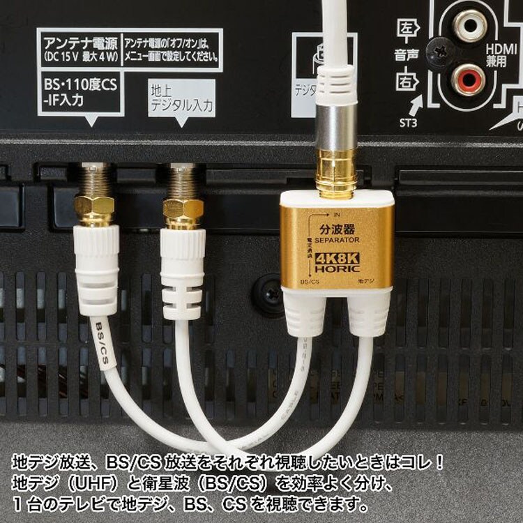 4K8K対応地デジBSCSテレビ金メッキテレビ接続分波器ケーブル一体型分波器アンテナ分波器極細ケーブル一体型10cmネジ式コネクタホーリック
