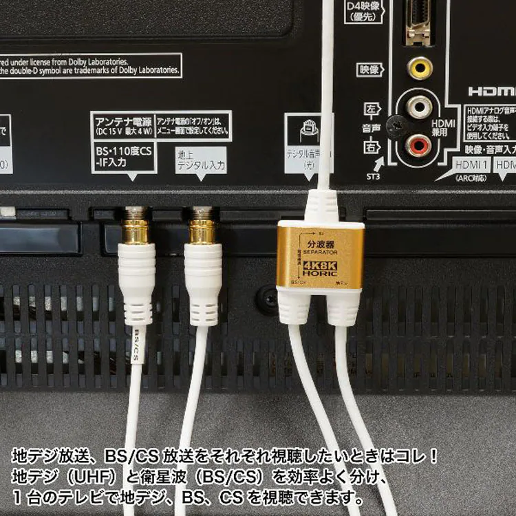 4K8K対応地デジBSCSテレビ金メッキテレビ接続分波器ケーブル一体型分波器アンテナ分波器極細ケーブル一体型2m/30cm差込式コネクタホーリック