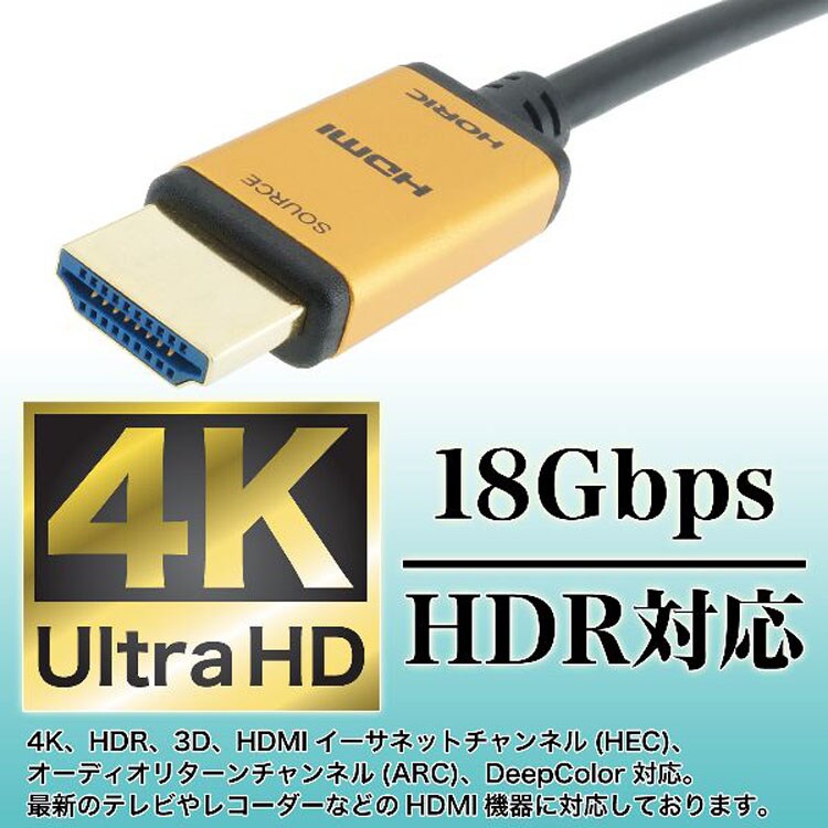 4K/60p対応光ファイバーケーブル薄型ヘッド長距離メタルヘッドHDR対応18G対応光ファイバーHDMIケーブル3D光ファイバーHDMIケーブル15mスタンダードタイプゴールド/黒ホーリック