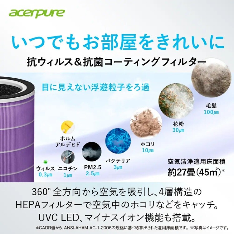 Acerpure 空気清浄機 サーキュレーター Acerpure Cool 360度吸引 UVC ホワイト AC553-50W 【プラザセレクト】