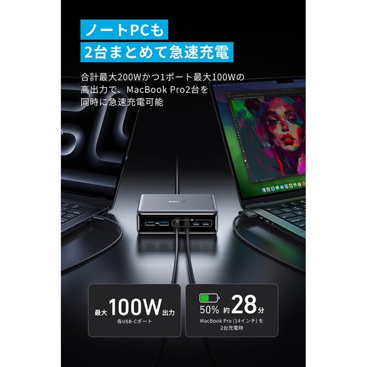 Anker アンカー Prime Charger(200W, 6 ポート, GaN) ブラック A2683N41 【プラザセレクト】