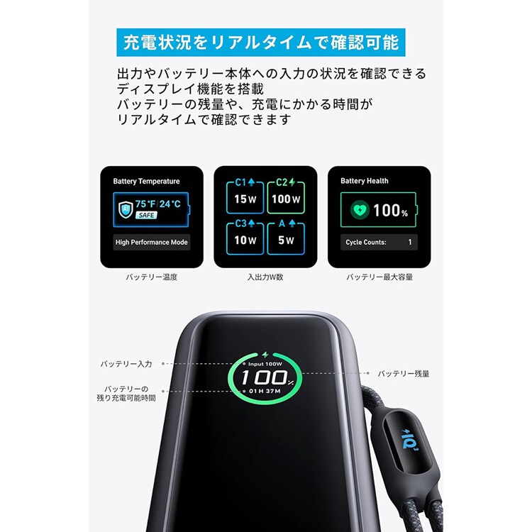 Anker アンカー Power Bank（25000mAh， Built-In & 巻取り式USB-Cケーブル） A1695N 【プラザセレクト】