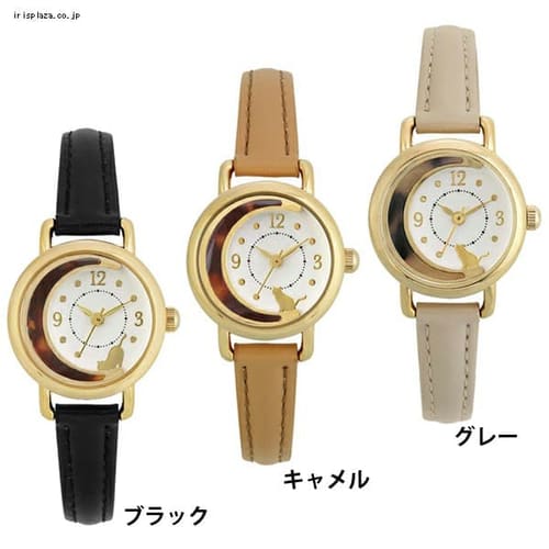 サン・フレイム 猫と三日月 革ベルトウォッチ HL214-BK 全3色【プラザセレクト】