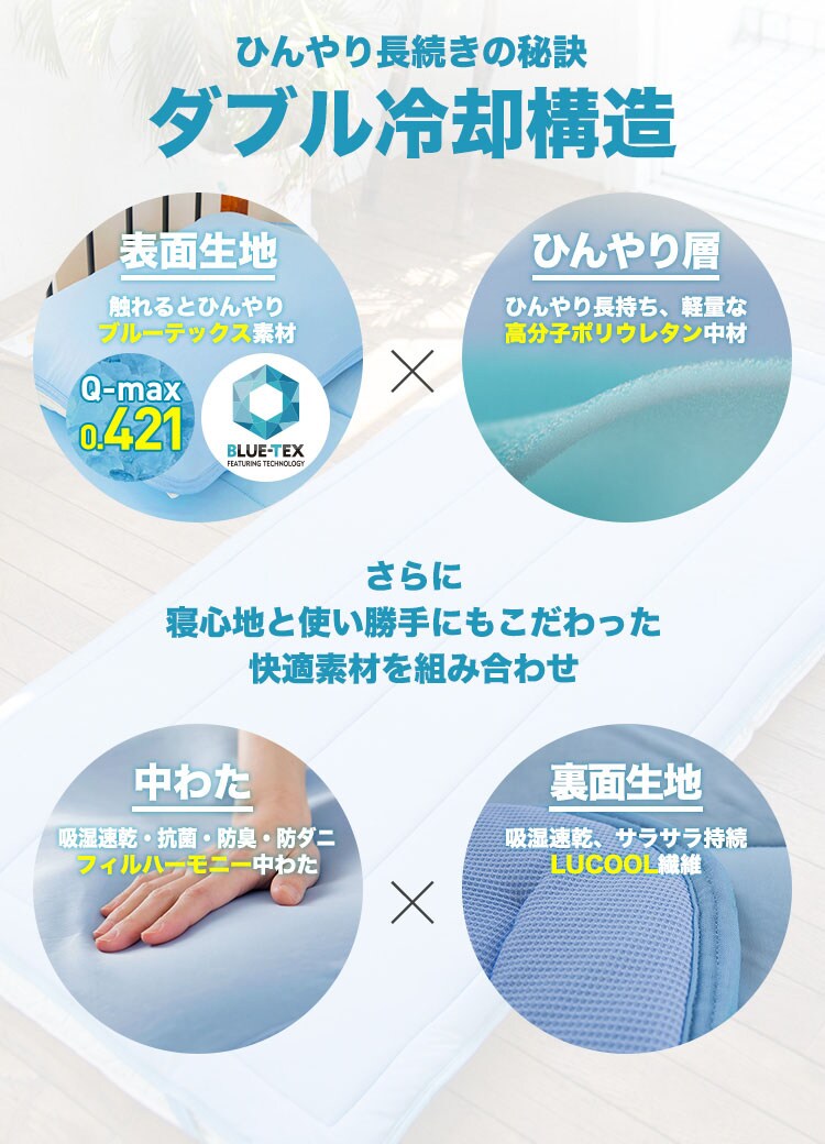 まくらパッﾄﾞピローパット58&times;50cmまくらパット寝具カバー夏物高分子ジェルウレタン持続冷感クール枕パッドブルー 