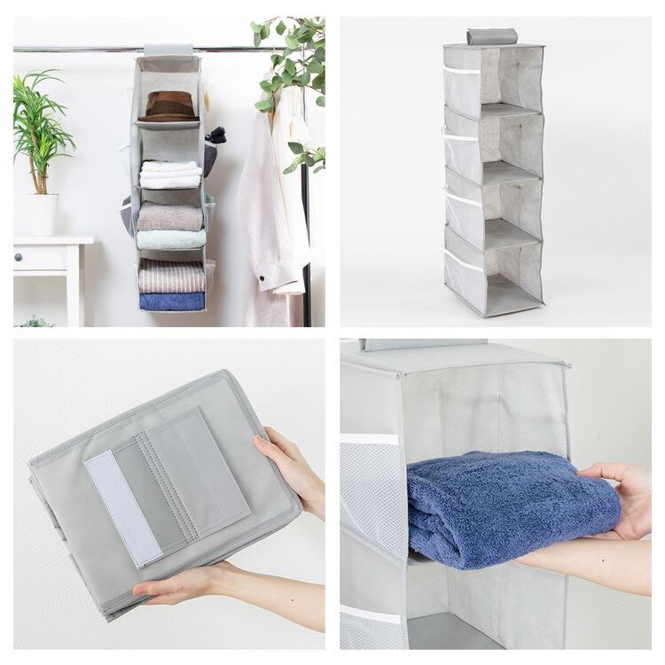 吊り下げ収納衣類ラック 4段 グレー