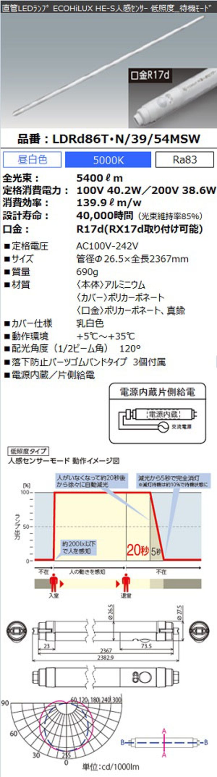 直管LEDランプ ECOHiLUX HE-S人感センサー 86形 5400lm LDRd86T・N/39/54MSW