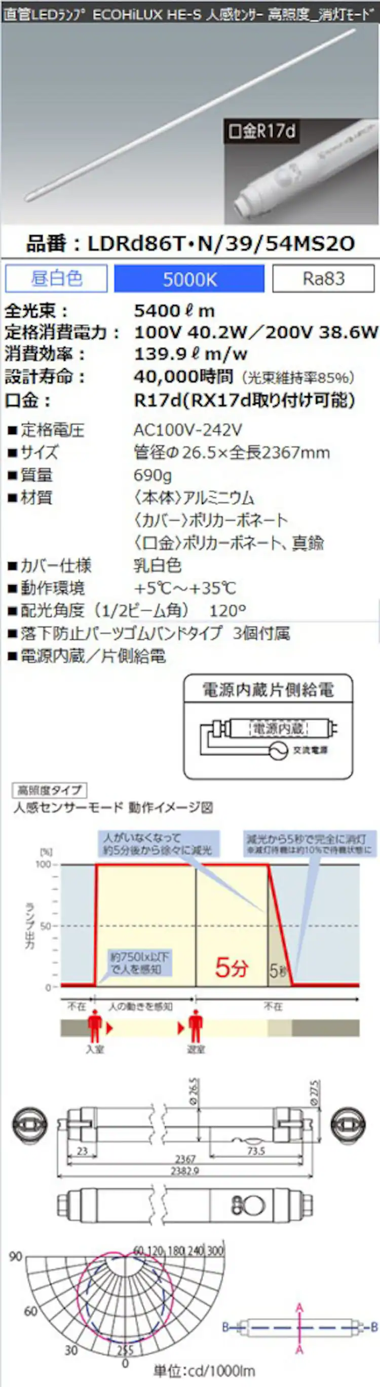 直管LEDランプ ECOHiLUX HE-S人感センサー 86形 5400lm LDRd86T・N/39/54MS2O