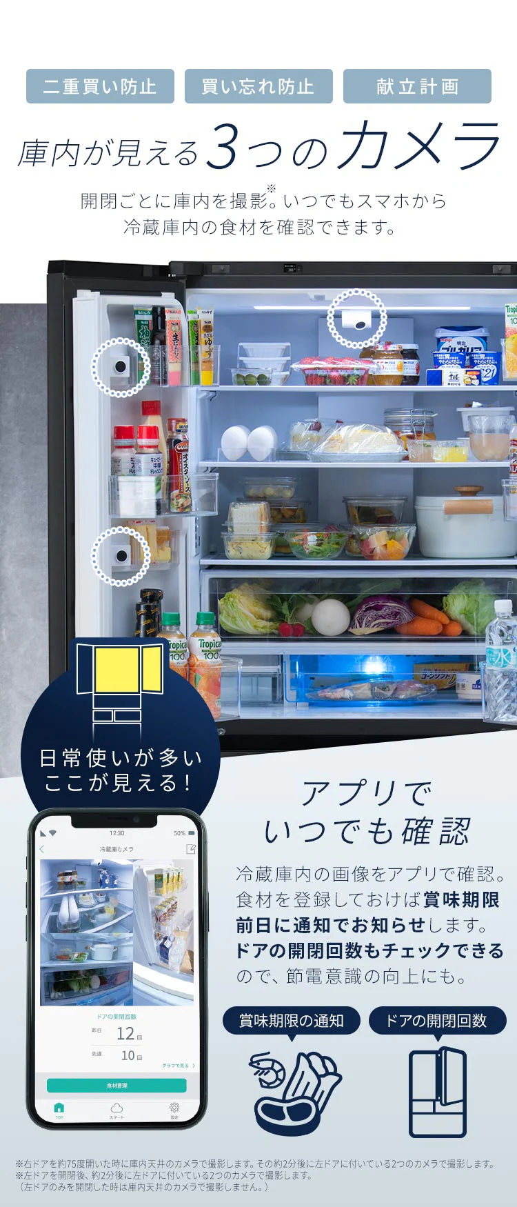 【設置無料】 冷蔵庫 503L カメラ付き 自動霜取り 大容量冷凍室132L ストックアイ フレンチドア 幅68.5cm IRGN-C50A-W ホワイト4