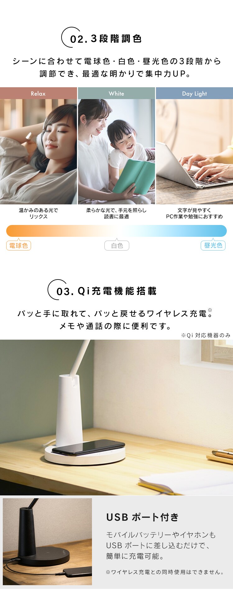 LEDデスクライト ワイヤレス充電 USBポート付 デザインタイプ LDL-QF02DL-W ホワイト3