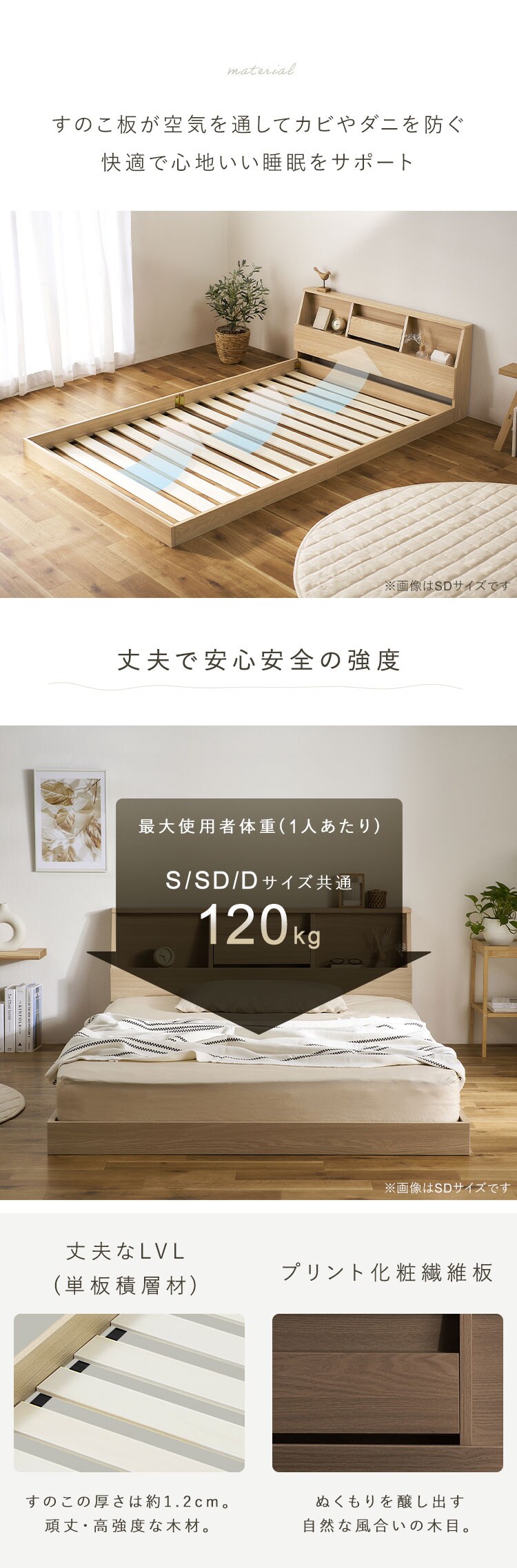 【マットレスセット】ベッド セミダブル ロータイプ 棚付き コンセント ナチュラル + ボンネルコイル ブラック7