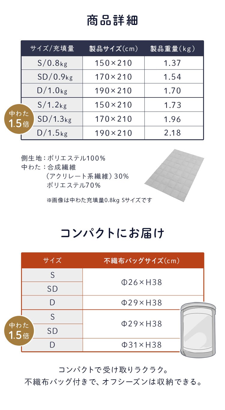 人工羽毛布団 吸湿発熱 S/SD/D6
