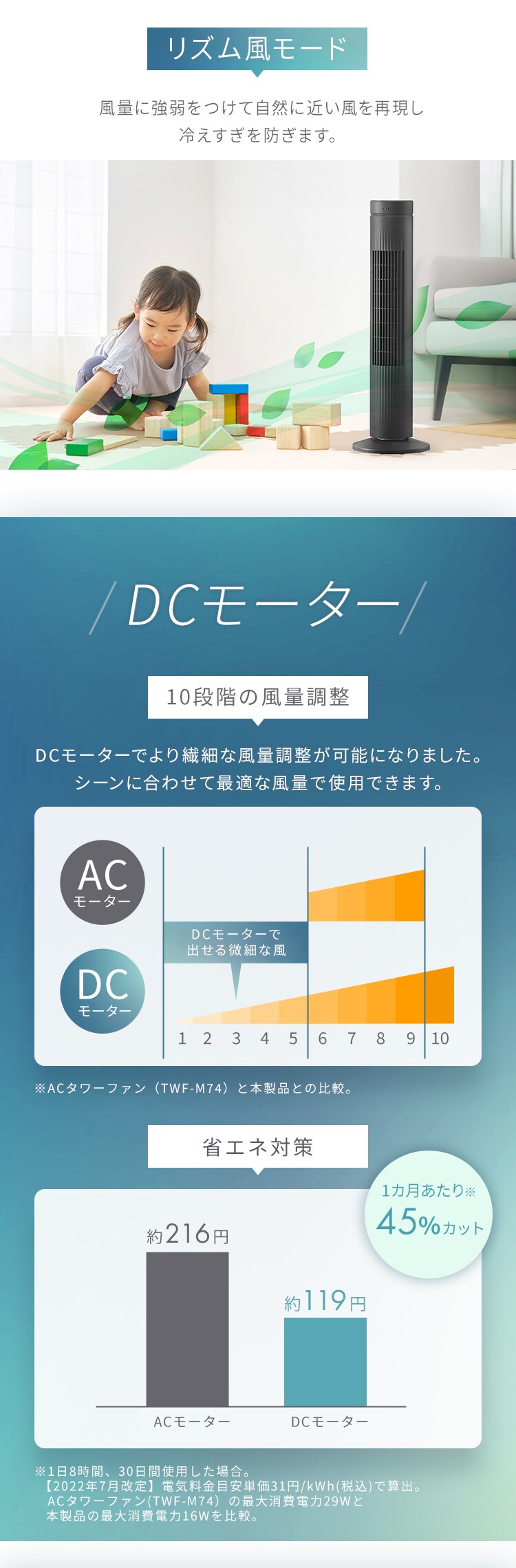 タワーファン DCモーター タッチパネル 左右首振り TWF-CD83 グレー2