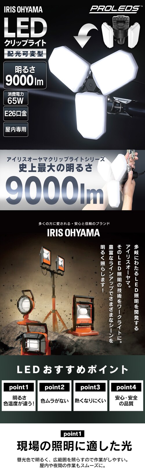 ワークライト LED 配光可変型 クリップライト 屋内用 作業灯 作業用 