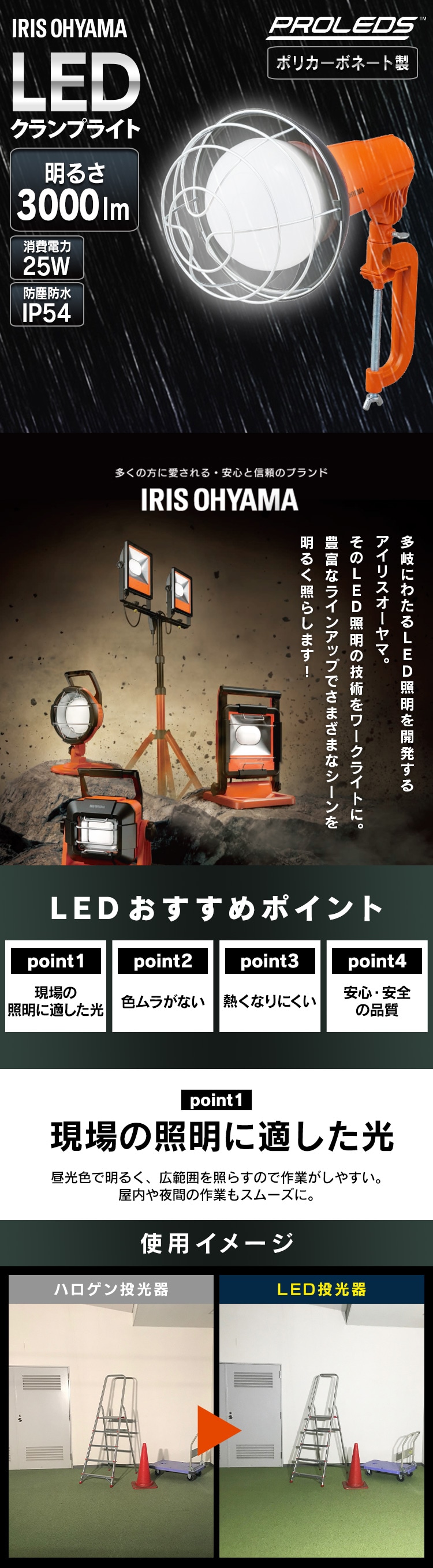 ワークライト LED 投光器 屋内・屋外兼用 作業灯 3000lm LWT-3000CK2