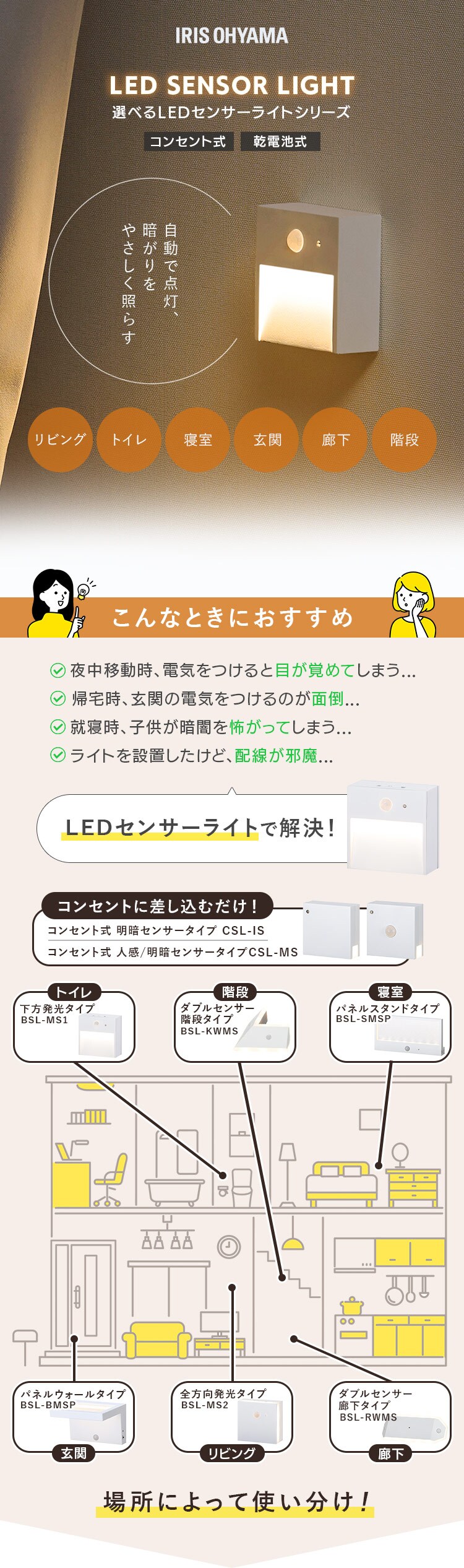コンセント式LEDセンサーライト 人感／明暗センサータイプ CSL-MS0