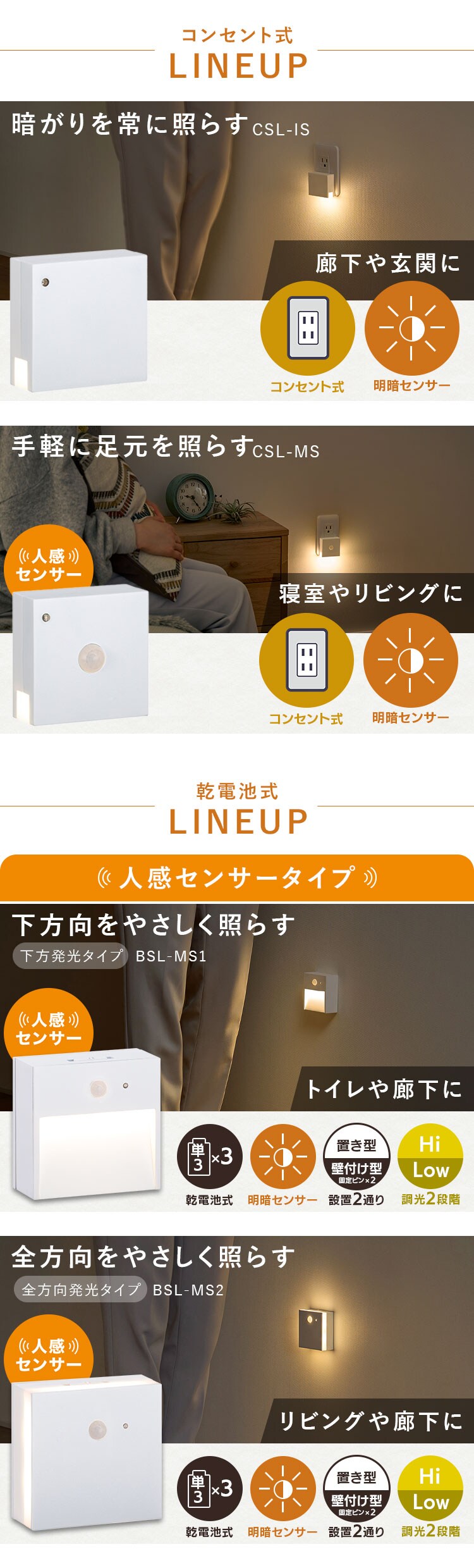 コンセント式LEDセンサーライト 人感／明暗センサータイプ CSL-MS2
