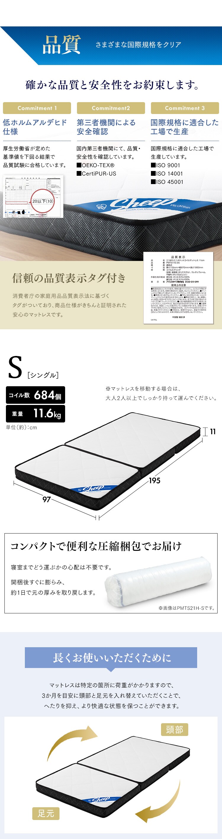 マットレス シングル 三つ折り ミニポケットコイル 厚さ11? リバーシブル PMTS11S-3S Sheep11