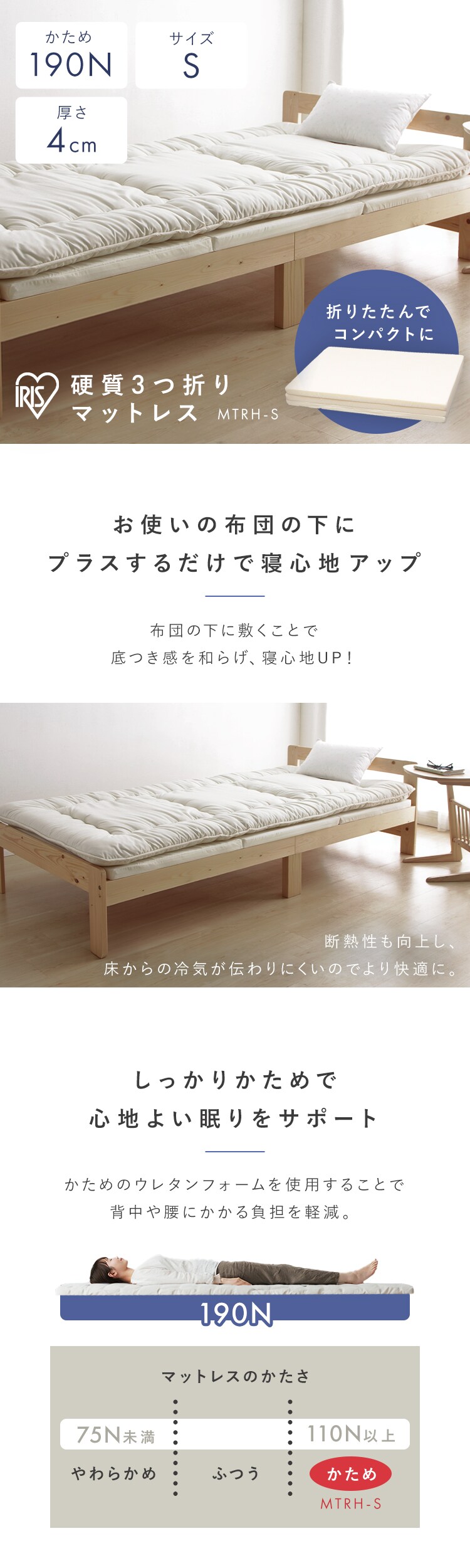 マットレス シングル 三つ折り 硬め 厚さ4cm ウレタン MTRH-S K530476