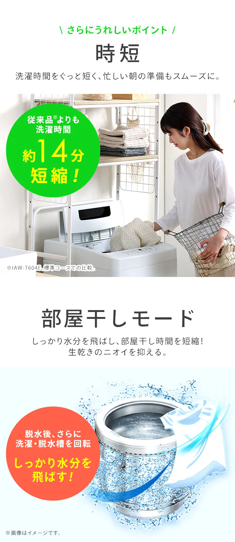 洗濯機 6kg 設置費込み ガチ落ち大水流洗浄 節水 コンパクト 一人暮らし IAW-T606-W ホワイト【代引き不可】5