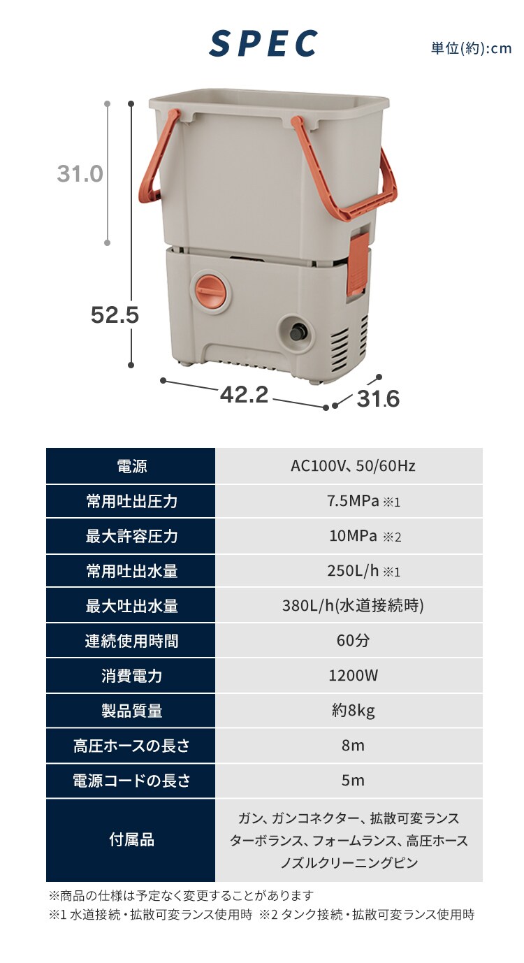 【5%OFF】タンク式高圧洗浄機 SBT-751 洗車 カー洗浄 花粉洗浄 サンドベージュ 11