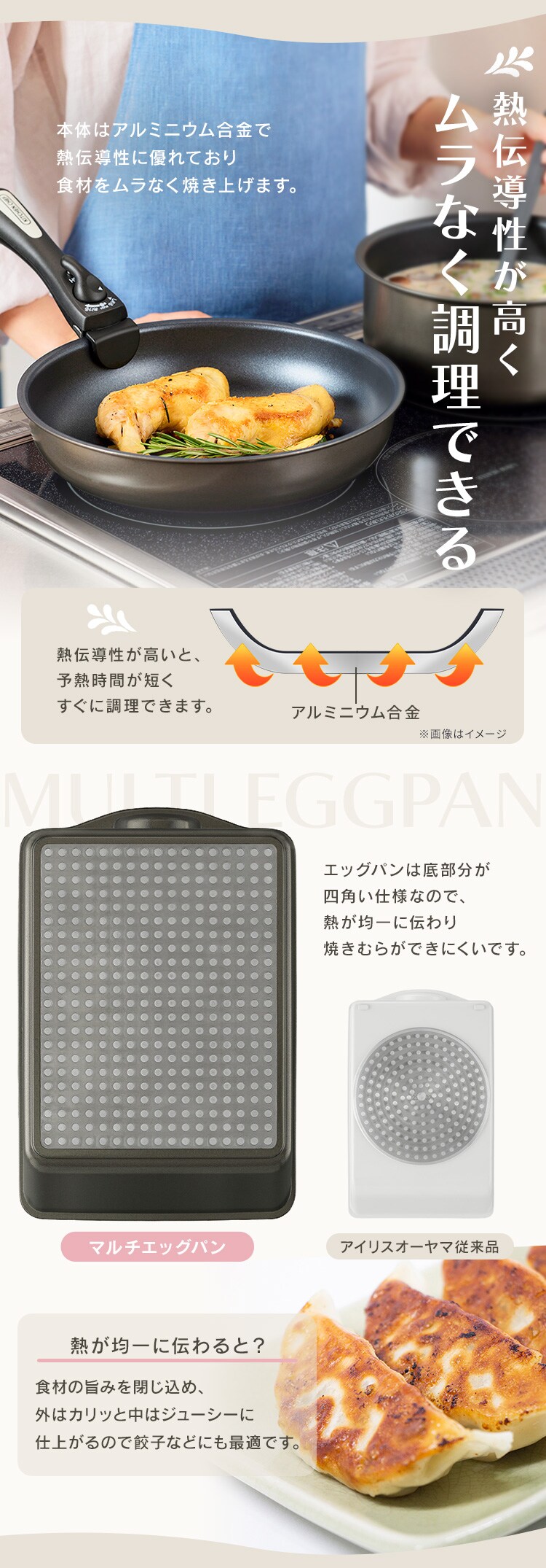 ダイヤモンドコートパン マルチエッグパン入り 9点セット IHガス火対応 MEGI-9S クリームホワイト4