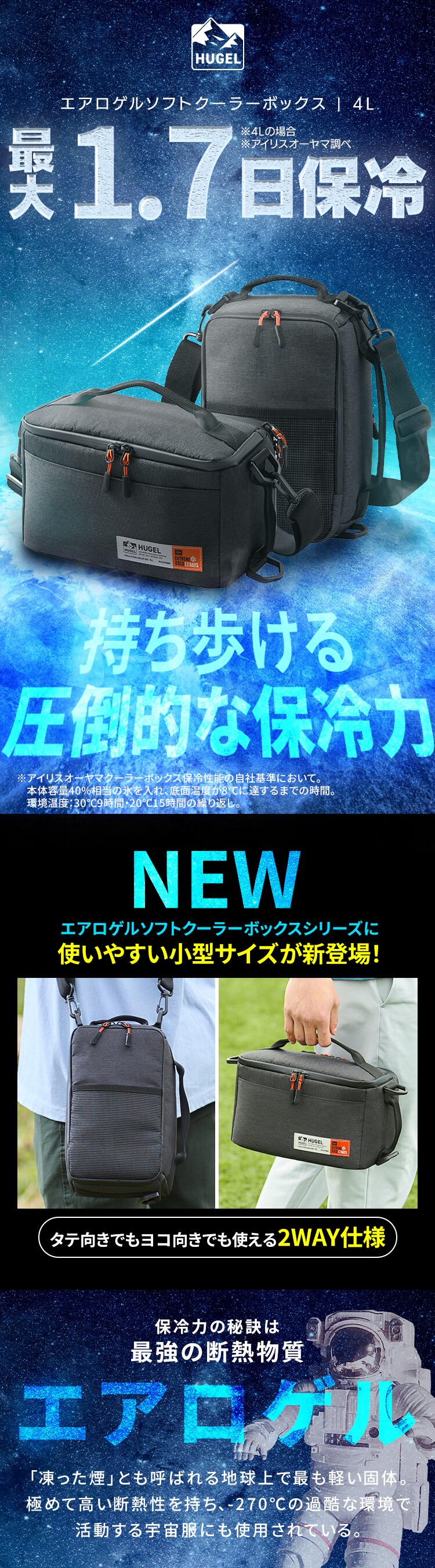 【超低温保冷剤Mサイズセット】HUGEL 2wayエアロゲルソフトクーラーボックス 4L AGSC-4C2 チャコールグレー0