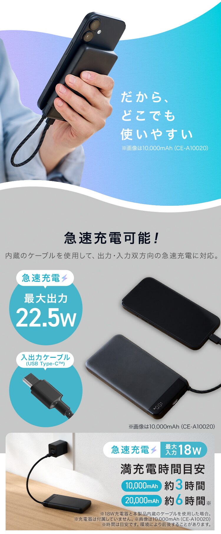 モバイルバッテリー 薄型 軽量 10000mAh CE-A10020-B ブラック2