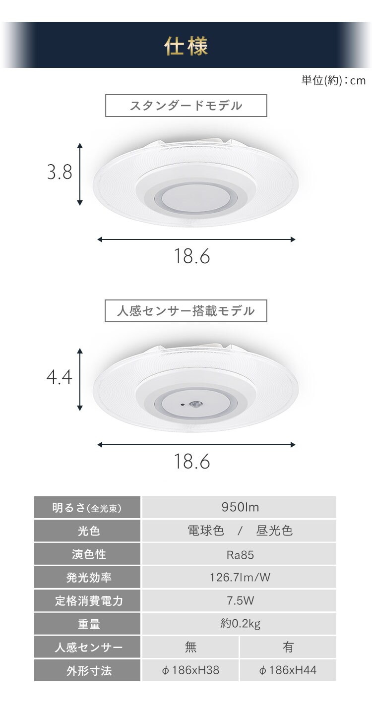 小型シーリングライト 導光板 950lm 電球色 人感センサー付 SCL95L-MS-P9