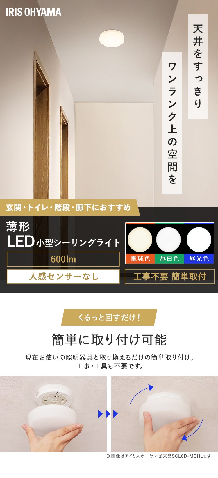小型シーリングライト 薄形 600lm 昼光色 SCL6D-U20