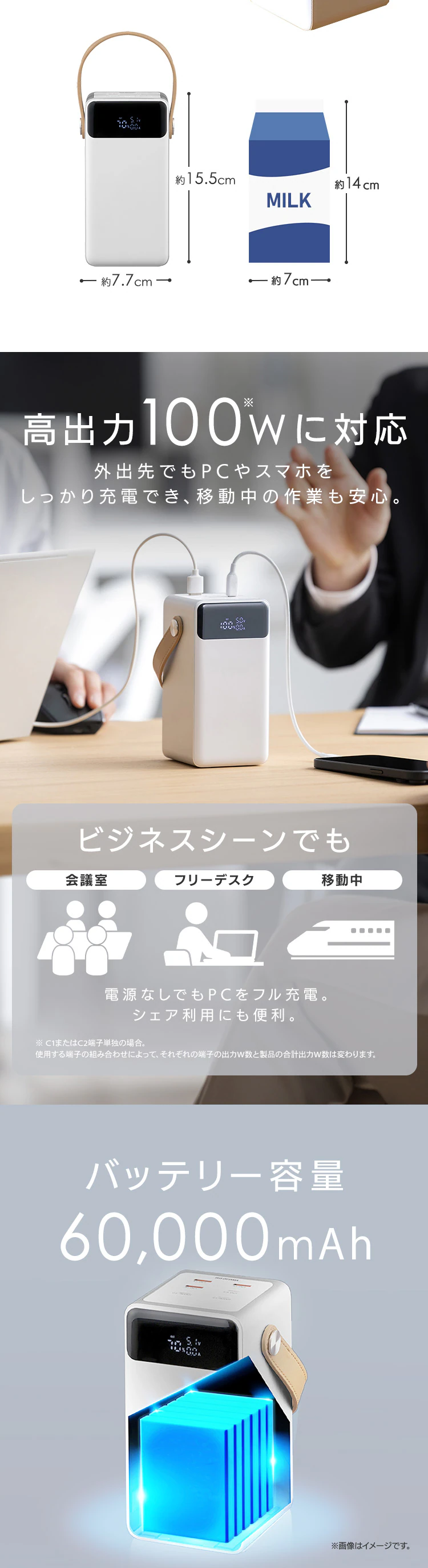 モバイルバッテリー 持ち運び充電器 大容量 60000mAh バッテリーステーション IBT-A60101-W ホワイト4