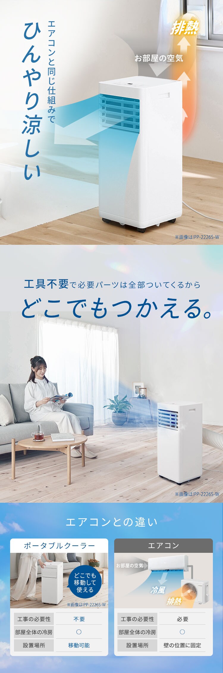 ポータブルクーラー 4.5~7畳 工事不要 冷風 送風 除湿 IPP-2226U グレー1