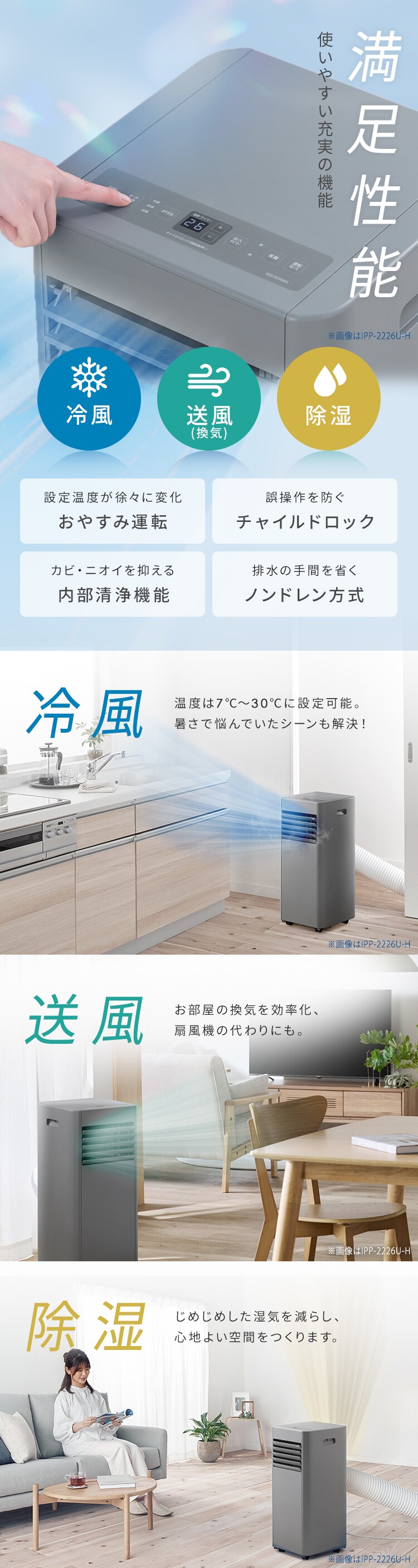 ポータブルクーラー 4.5~7畳 工事不要 冷風 送風 除湿 IPP-2226U グレー2