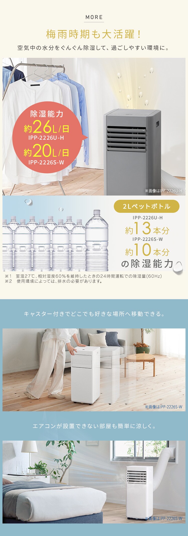 ポータブルクーラー 4.5~7畳 工事不要 冷風 送風 除湿 IPP-2226U グレー3