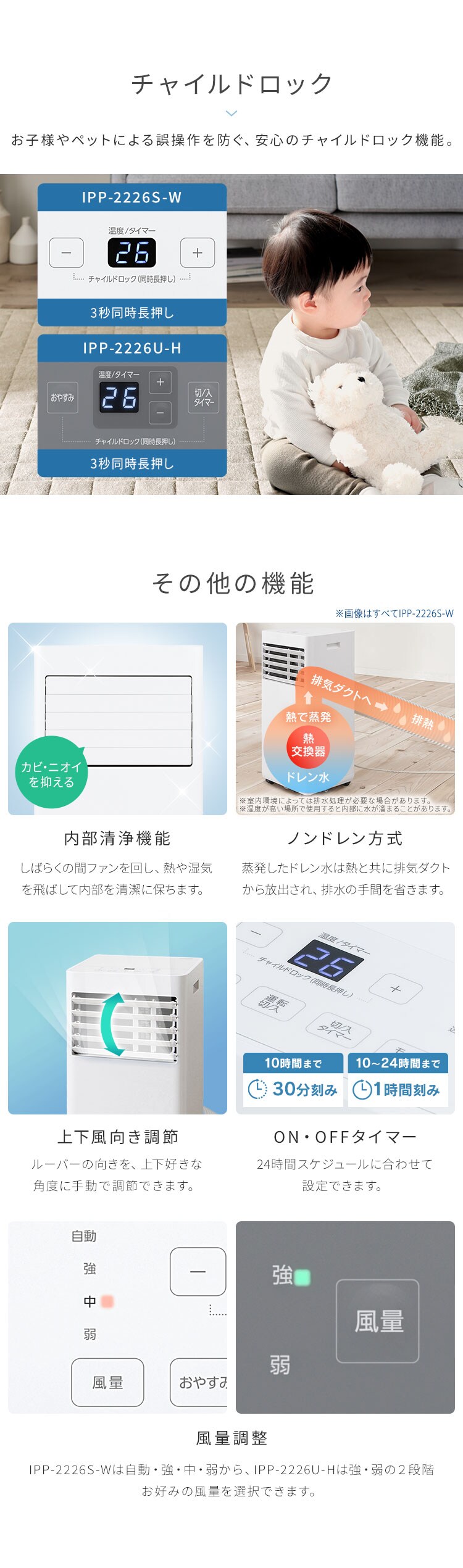ポータブルクーラー 4.5~7畳 工事不要 冷風 送風 除湿 IPP-2226U グレー10